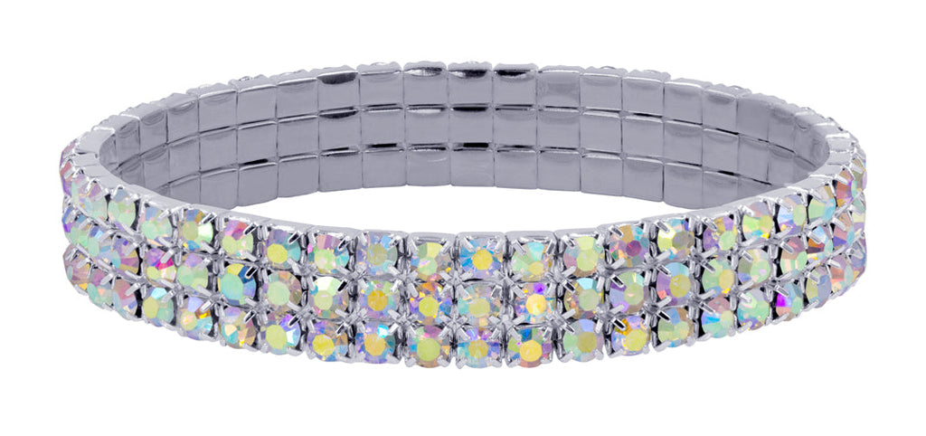 #11949ABS - 3 Row Stretch Rhinestone Bracelet - AB Silver