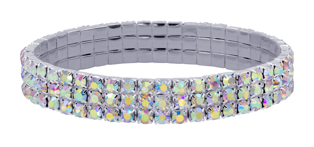#11949ABS - 3 Row Stretch Rhinestone Bracelet - AB Silver