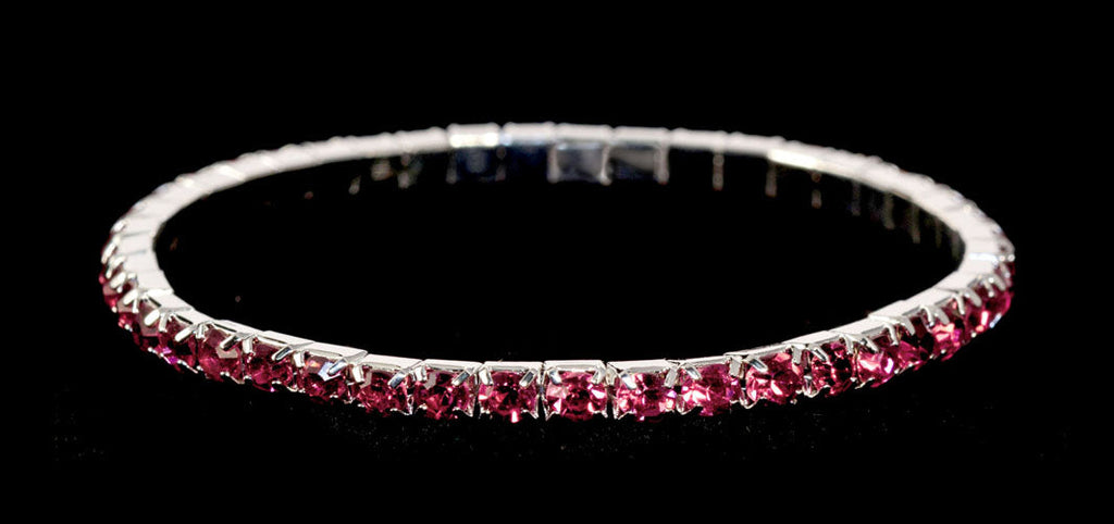 #11950 Single Row Stretch Rhinestone Bracelet - Fuchsia Crystal  Silver