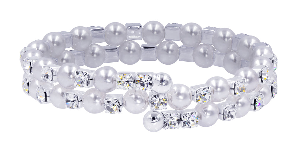 #14541 - Double Wraparound Coil Rhinestone and Pearl Bracelet