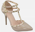 Wild Diva Women Stiletto Heels Pointy Toe Studded Pumps Strap ADORA64 Beige Nude