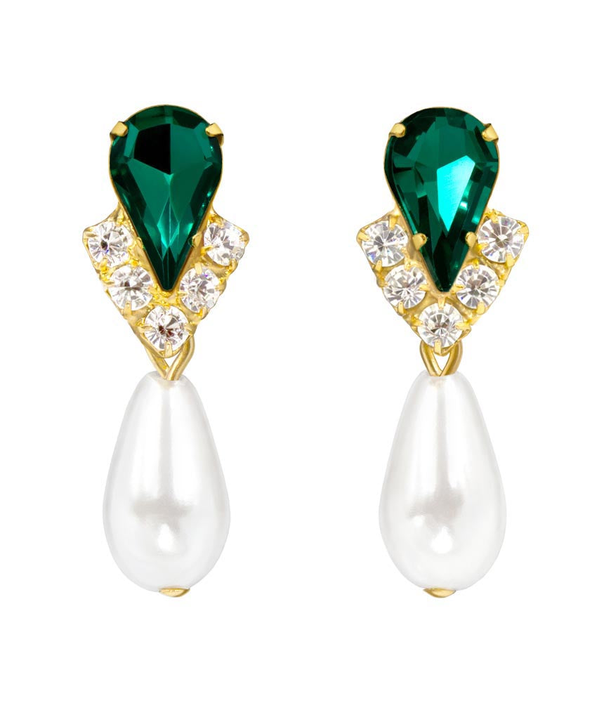 #5538EMG - Rhinestone Pear V Pearl Drop Earrings - Emerald Gold Plated