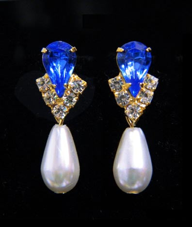 #5538SAPHG - Rhinestone Pear V Pearl Drop Earrings - Sapphire Gold Plated