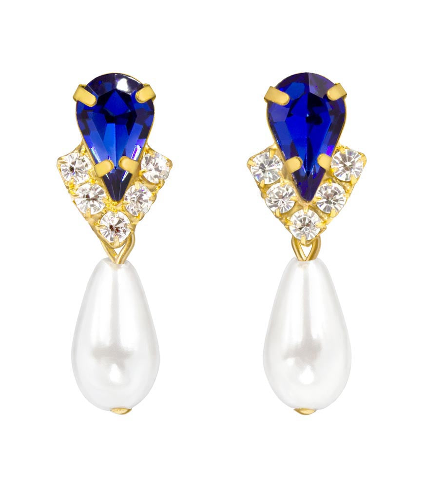 #5538SAPHG - Rhinestone Pear V Pearl Drop Earrings - Sapphire Gold Plated
