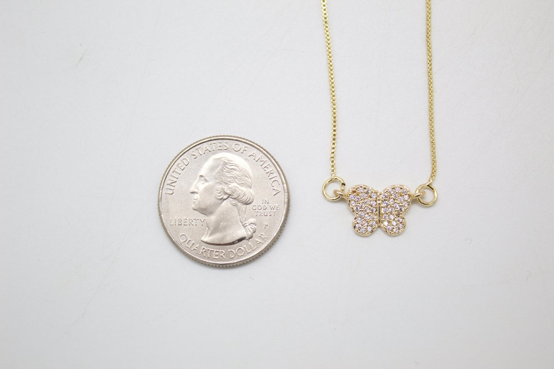 Dainty Box CZ Pave Butterfly Pendant Necklace (G134)