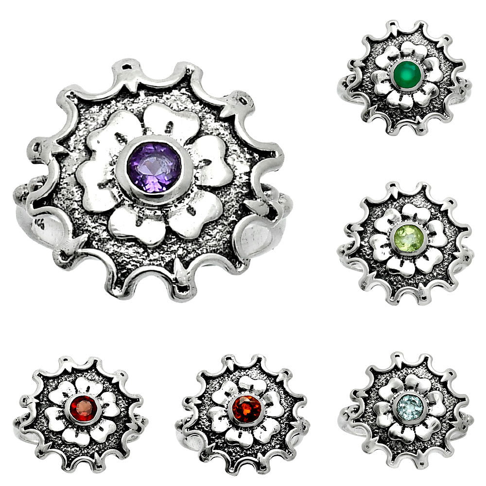 Vintage Floral Center Round Gemstone Ring 925 Sterling Silver Handmade AGR1031 R-1737