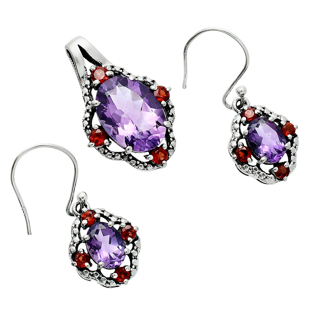 Oval Gemstone with Garnet Pendant Earrings Set 925 Sterling Silver AGT1010 T-1020