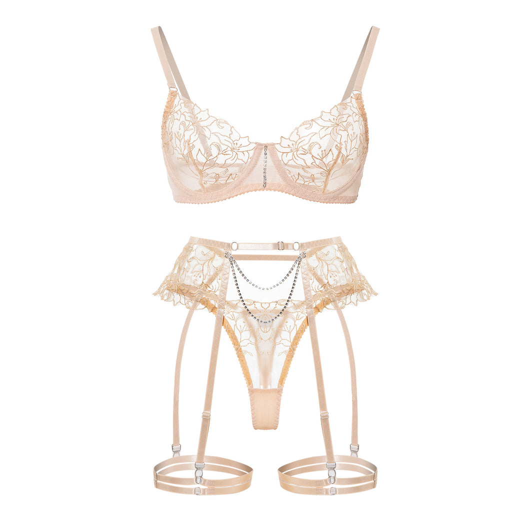Bisque Sheer Lace Garter Lingerie Ensemble Front View