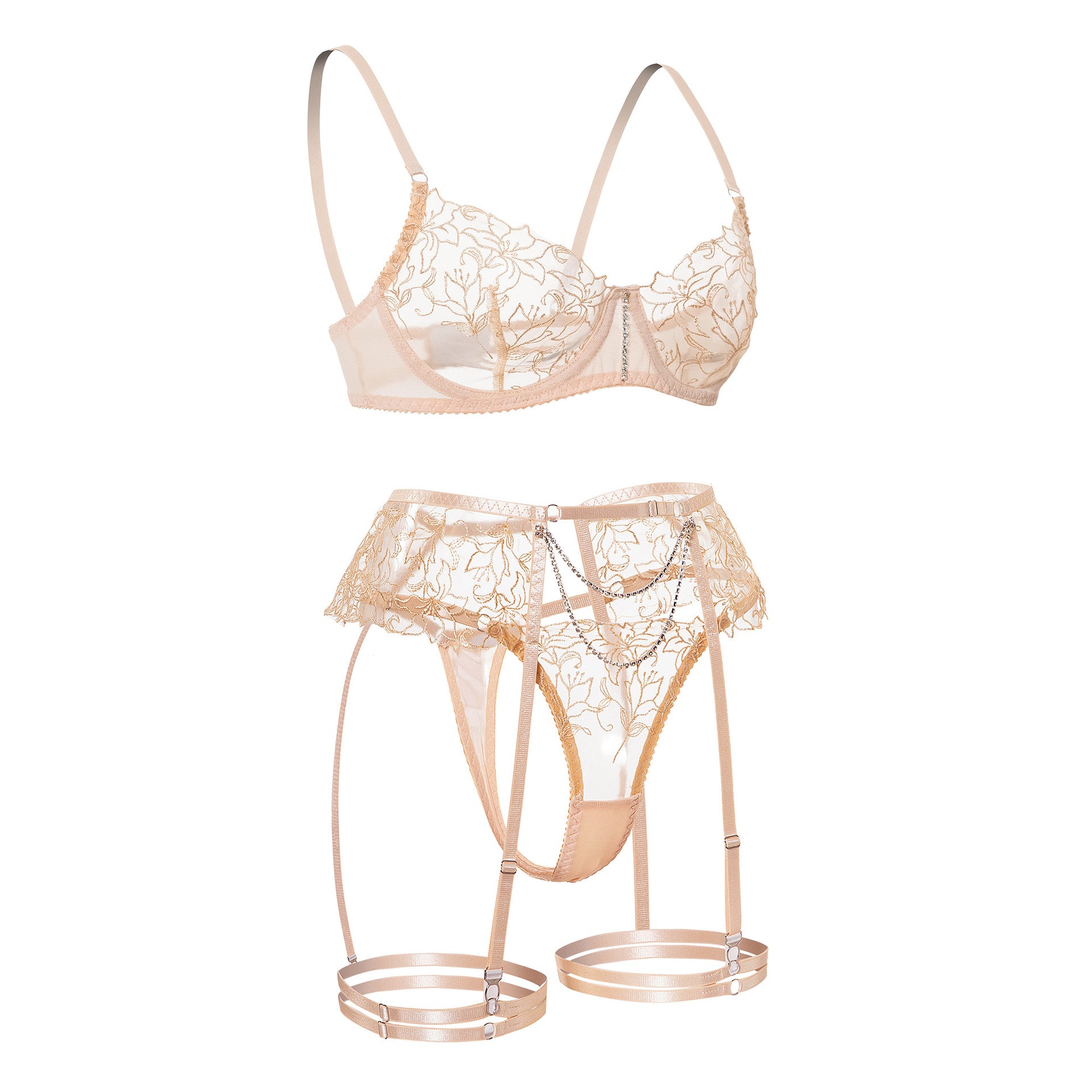 Bisque Sheer Lace Garter Lingerie Ensemble Side View