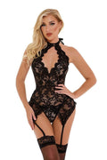 Black Halter Garter Lace Gartered Corset Front View