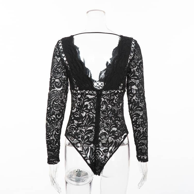Black Lace Cutout Deep V Long Sleeve Bodysuit Back View
