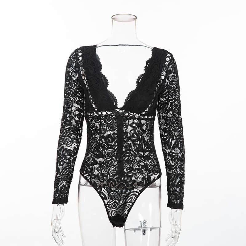 Black Lace Cutout Deep V Long Sleeve Bodysuit Front View