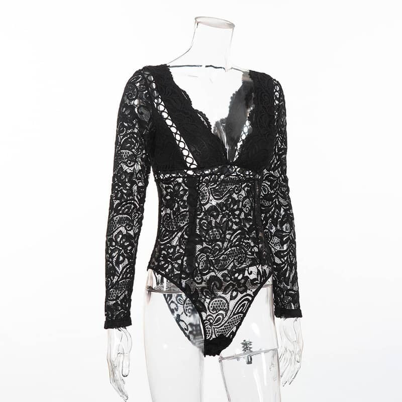 Black Lace Cutout Deep V Long Sleeve Bodysuit Site View