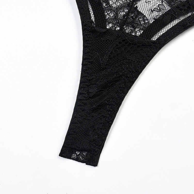Black See-Through Lace Bra and Panty Set with Double Chest Lift Crotch Details