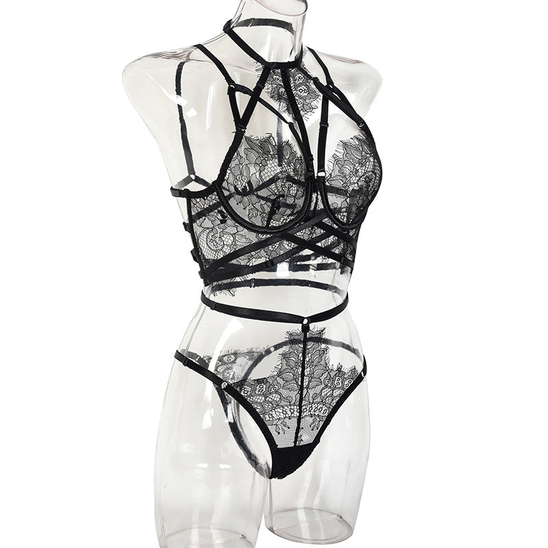 Black See-Through Lace Bra and Panty Set with Double Chest Lift Side View