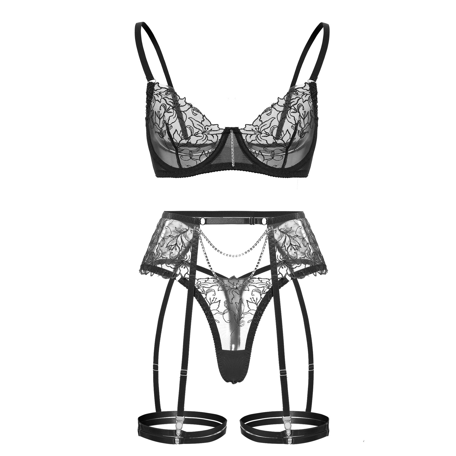 Black Sheer Lace Garter Lingerie Ensemble Front View