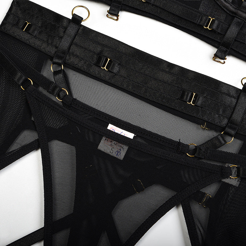 Black Solid Color Mesh Bra Set with Multi-Adjustable Straps Details