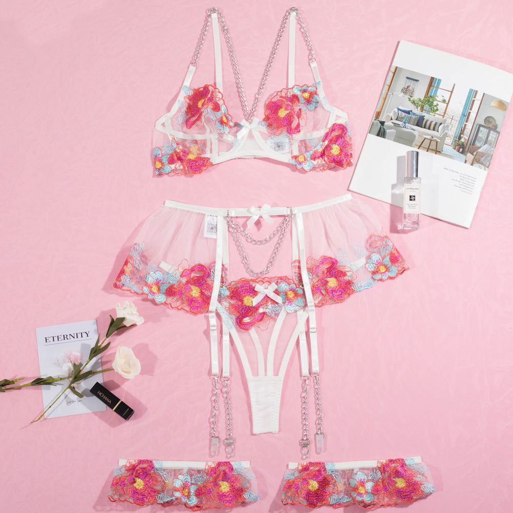 Blossom Embroidery Mesh Underwire Lingerie Set Over View