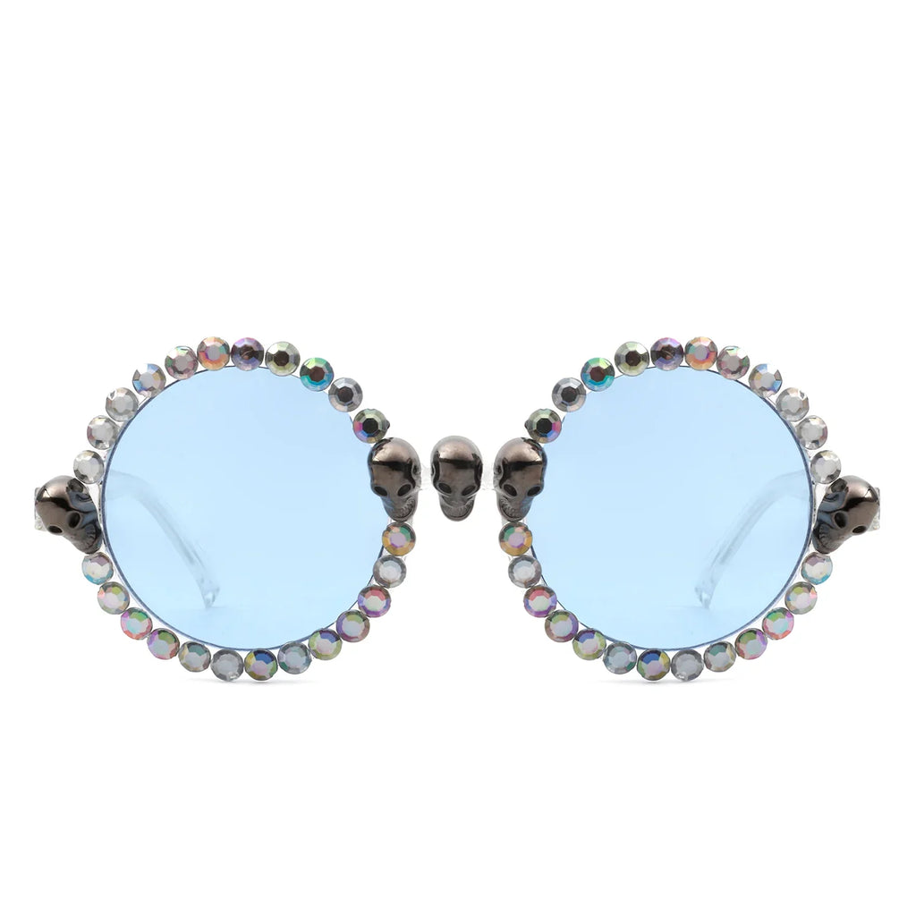 Aerion - Retro Round Gothic Rhinestone Skull Party Sunglasses