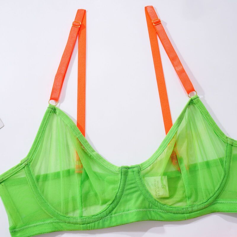 Contrasting Color Design Transparent Mesh Three-Piece Set Waist Details