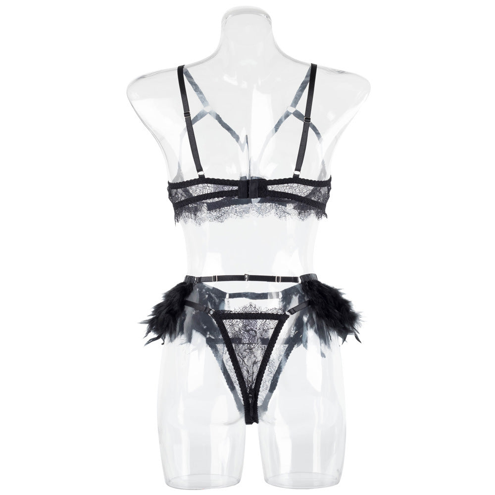 Cupless Metal Chain Bra Three-Piece Set with Feather Belt -Wholesale Lingerie Back View