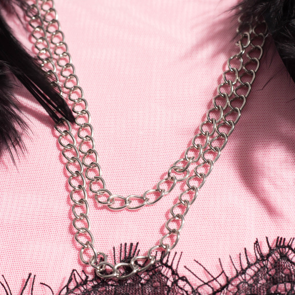 Cupless Metal Chain Bra Three-Piece Set with Feather Belt -Wholesale Lingerie Chain Detials