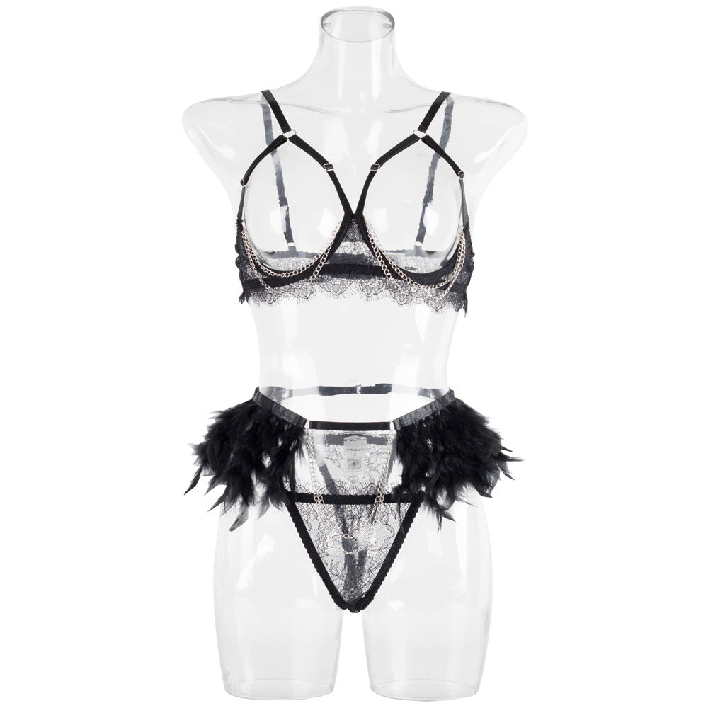 Cupless Metal Chain Bra Three-Piece Set with Feather Belt -Wholesale Lingerie Front View