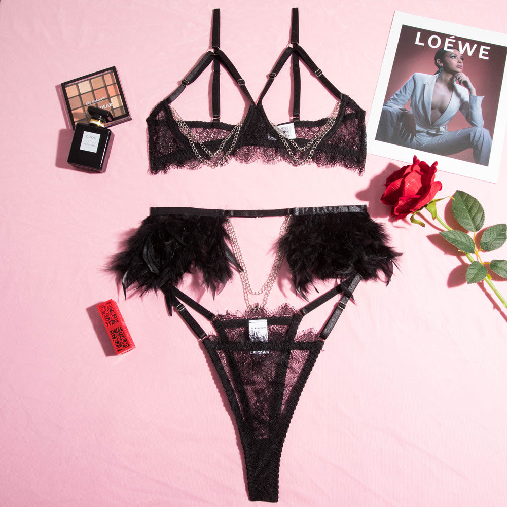Cupless Metal Chain Bra Three-Piece Set with Feather Belt -Wholesale Lingerie Over View