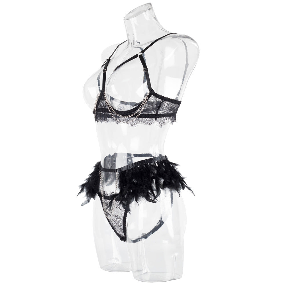 Cupless Metal Chain Bra Three-Piece Set with Feather Belt -Wholesale Lingerie Side View