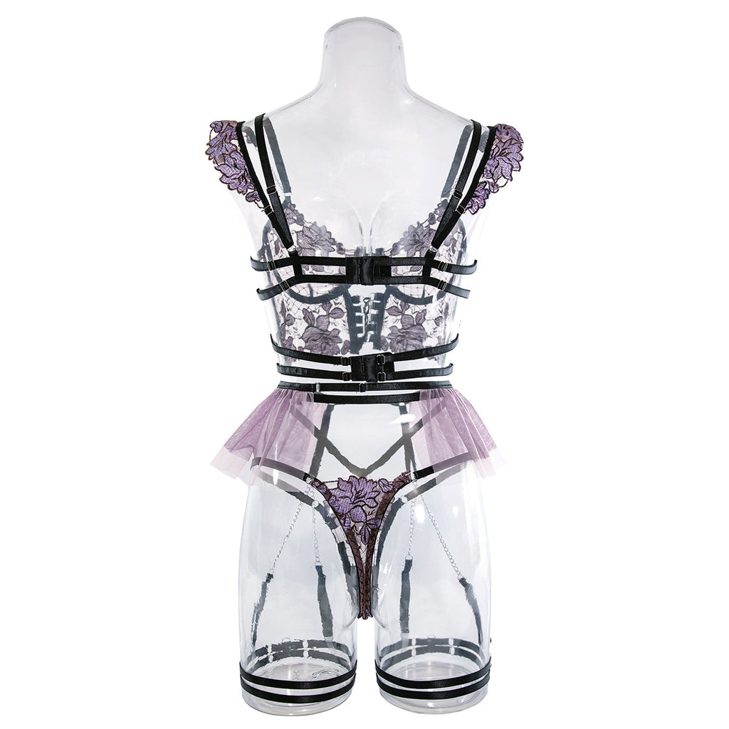Embroidered Mesh Bustier Set with Metal Chain Shoulder Strap Back View