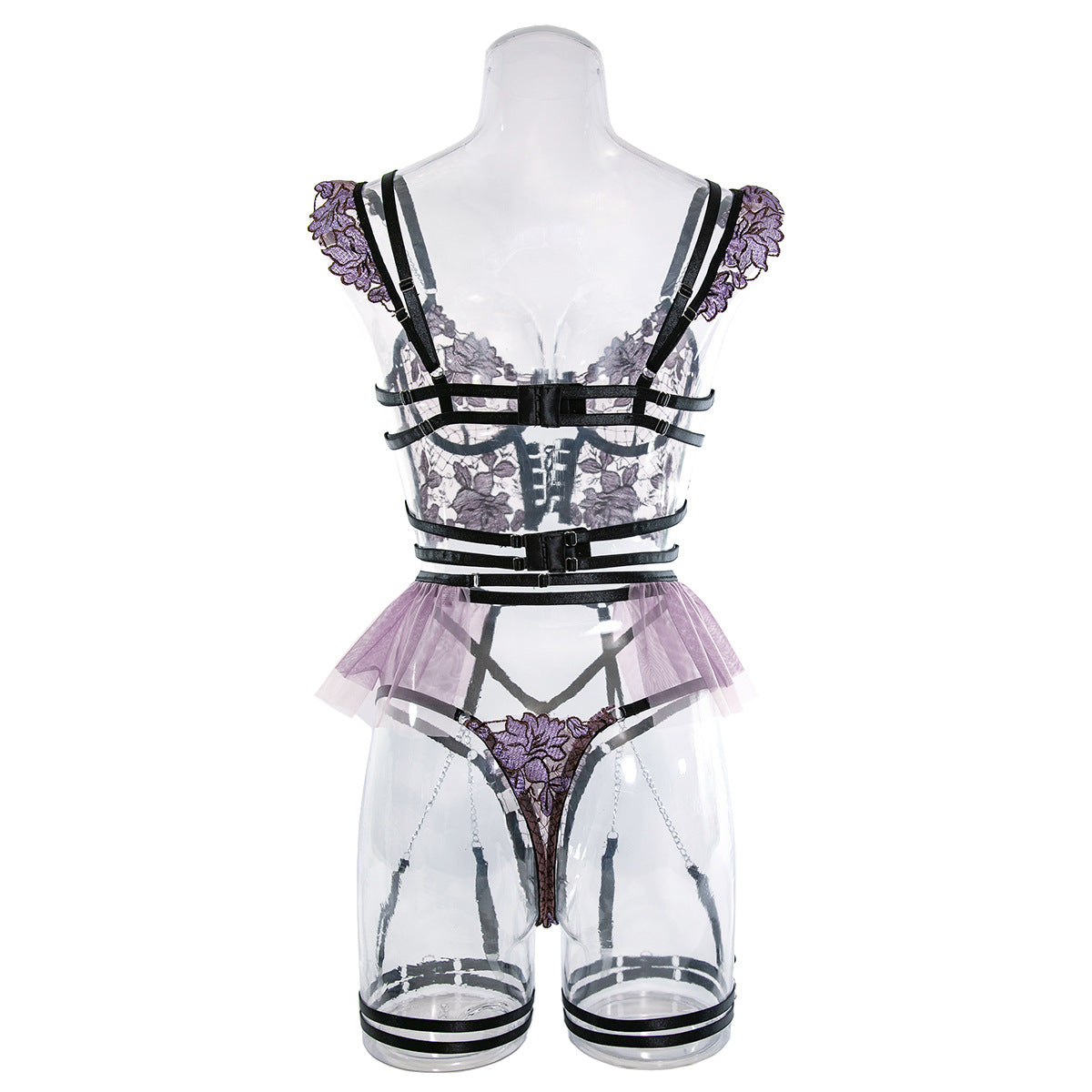 Embroidered Mesh Bustier Set with Metal Chain Shoulder Strap Back View