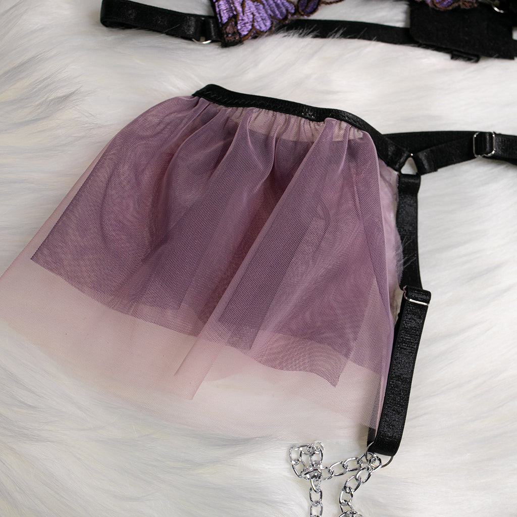 Embroidered Mesh Bustier Set with Metal Chain Shoulder Strap Details