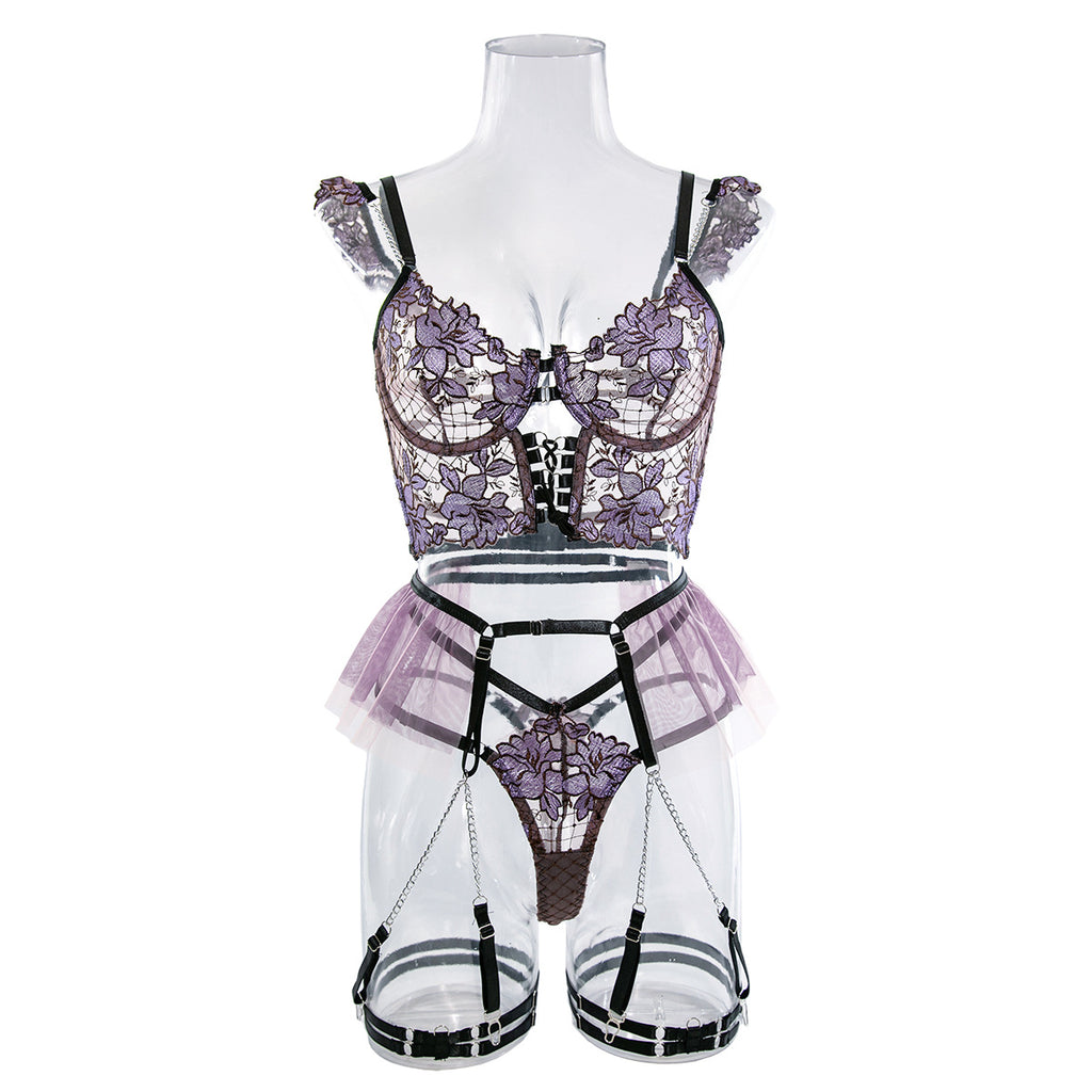 Embroidered Mesh Bustier Set with Metal Chain Shoulder Strap Front View