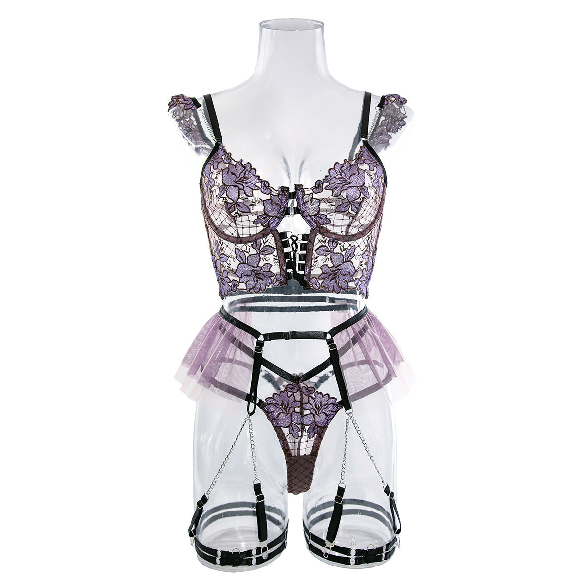 Embroidered Mesh Bustier Set with Metal Chain Shoulder Strap Front View