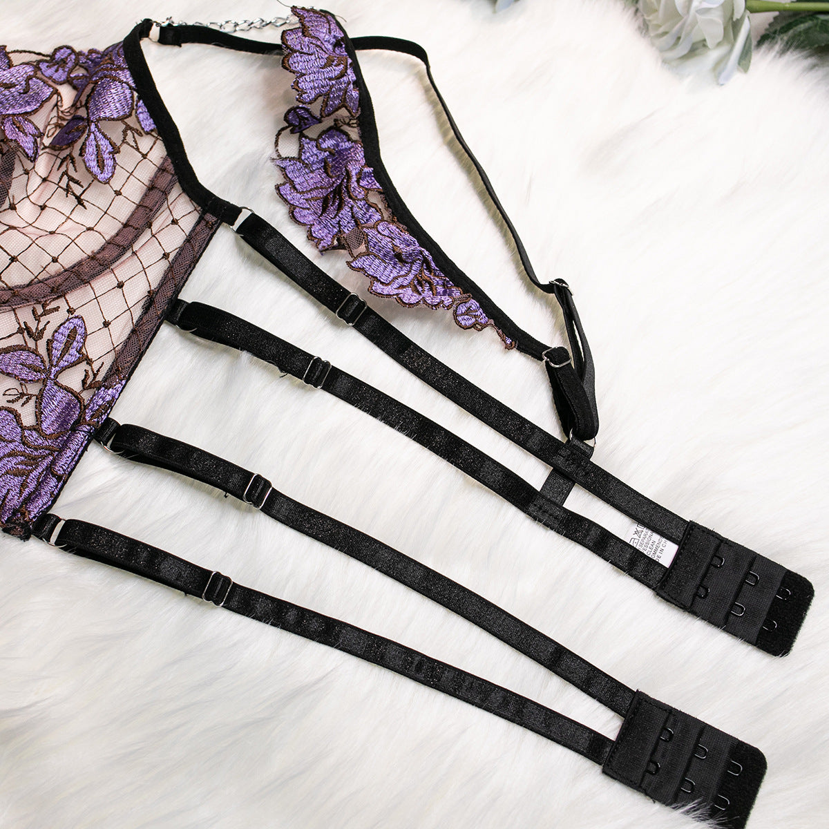 Embroidered Mesh Bustier Set with Metal Chain Shoulder Strap Hook Details