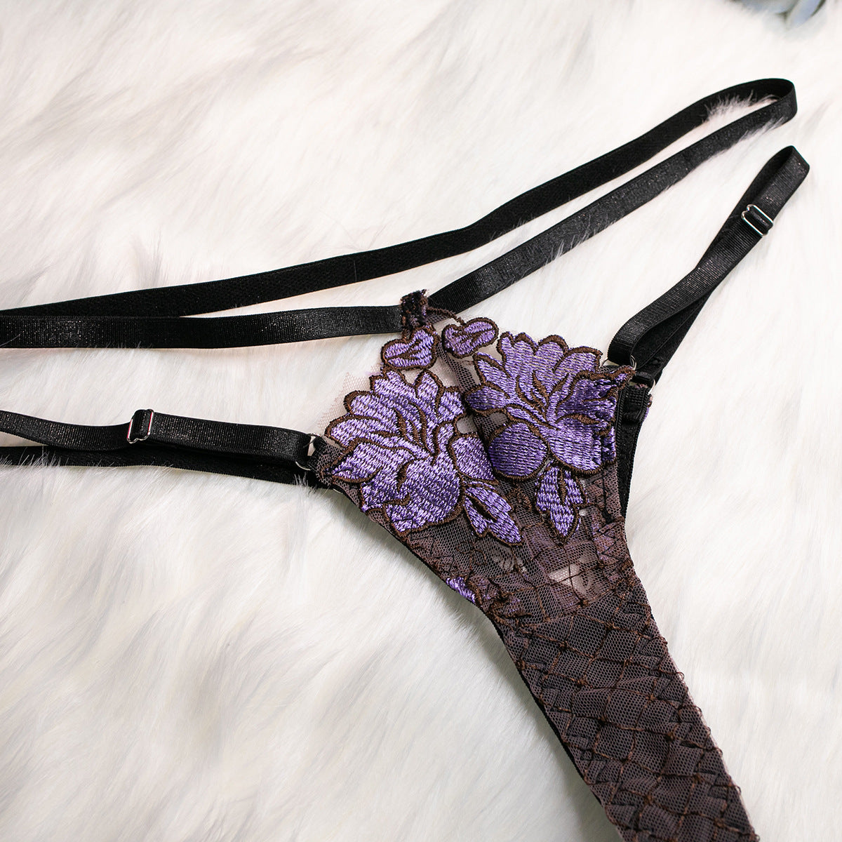 Embroidered Mesh Bustier Set with Metal Chain Shoulder Strap Panty Details