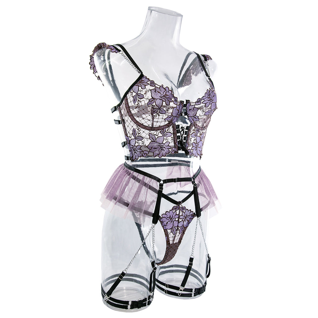 Embroidered Mesh Bustier Set with Metal Chain Shoulder Strap Side View