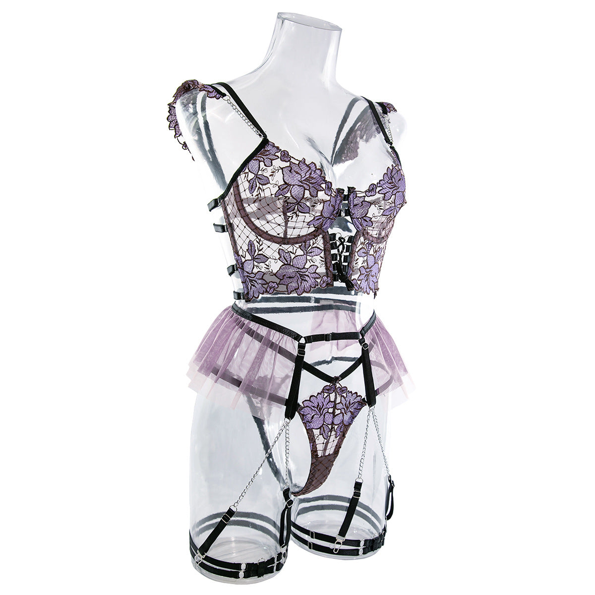 Embroidered Mesh Bustier Set with Metal Chain Shoulder Strap Side View