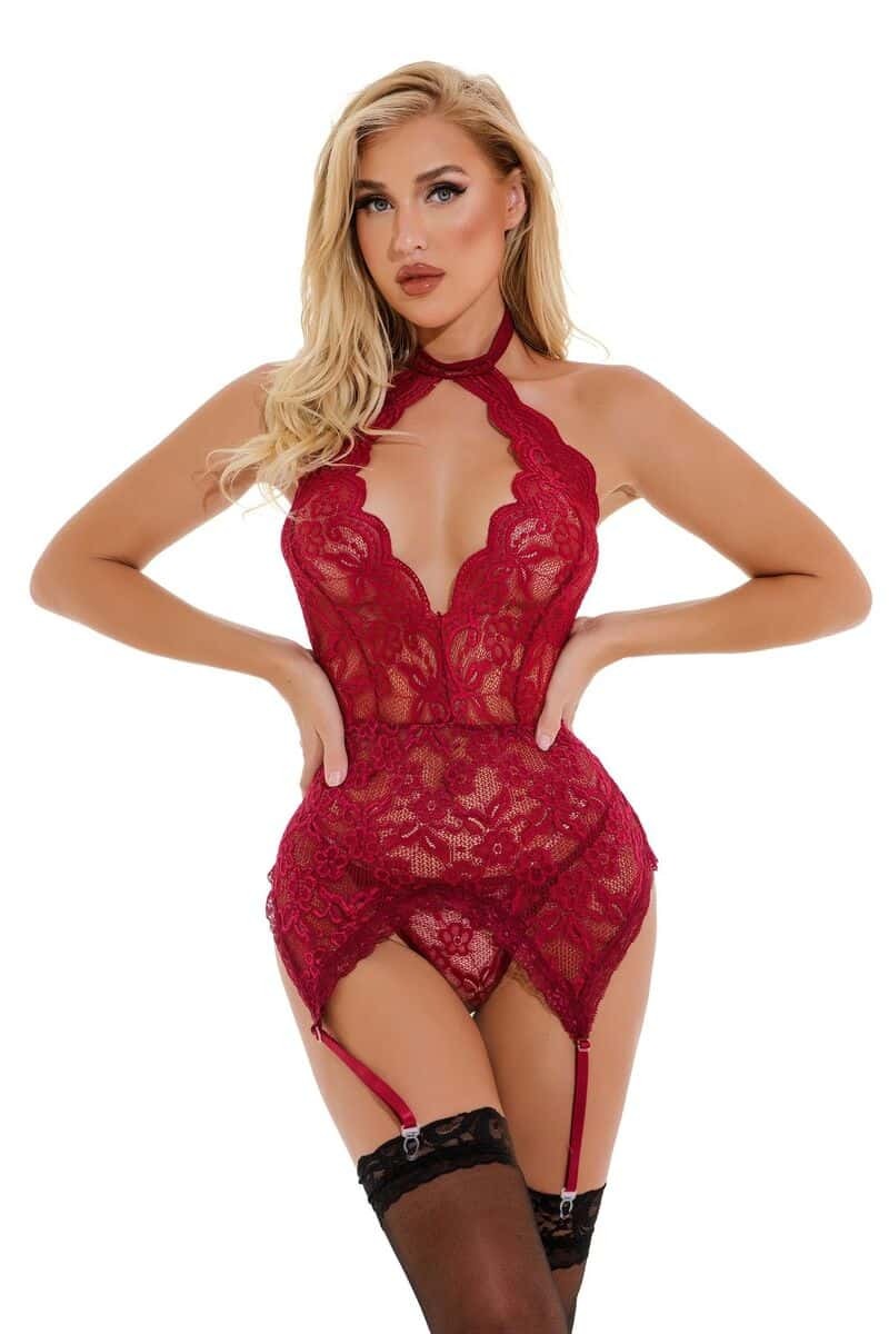 FireBrick Halter Halter Garter Lace Gartered Corset Front Show