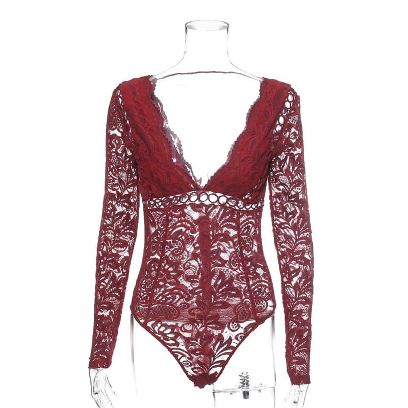 FireBrick Lace Cutout Deep V Long Sleeve Bodysuit