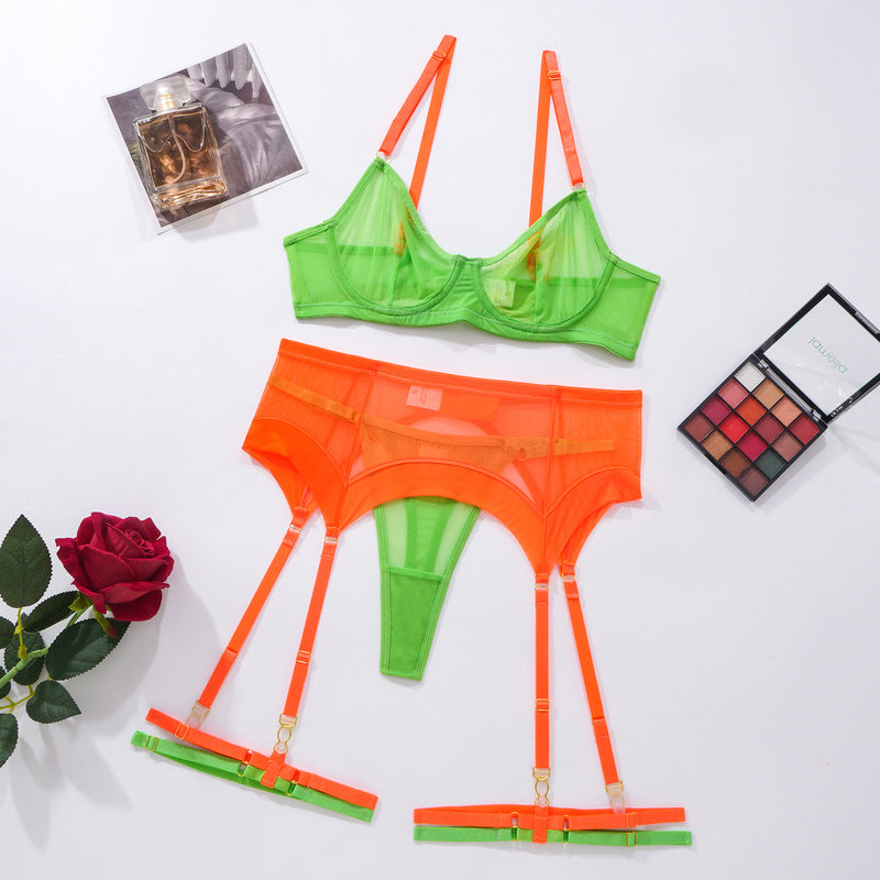 Green And Orange Contrasting Color Design Transparent Mesh Three-Piece Set Over View