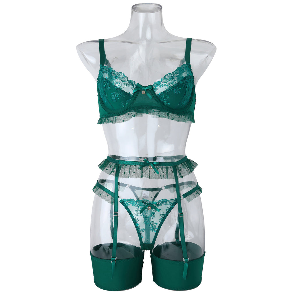 Green Heavy Craftsmanship Embroidered Lingerie Set - Wholesale Lingerie Front View