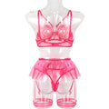 Hot Pink Sexy Sheer Floral Lace Bra Set with Tassel Girdle Back View