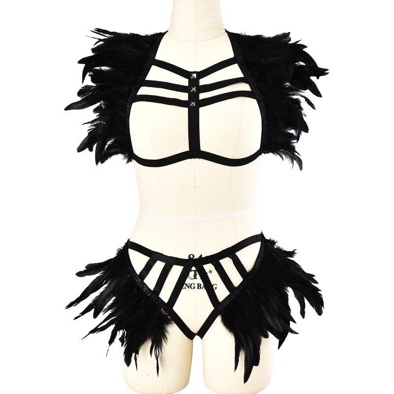 Ladies Feather Wholesale Black Strappy Lingerie Set Front View