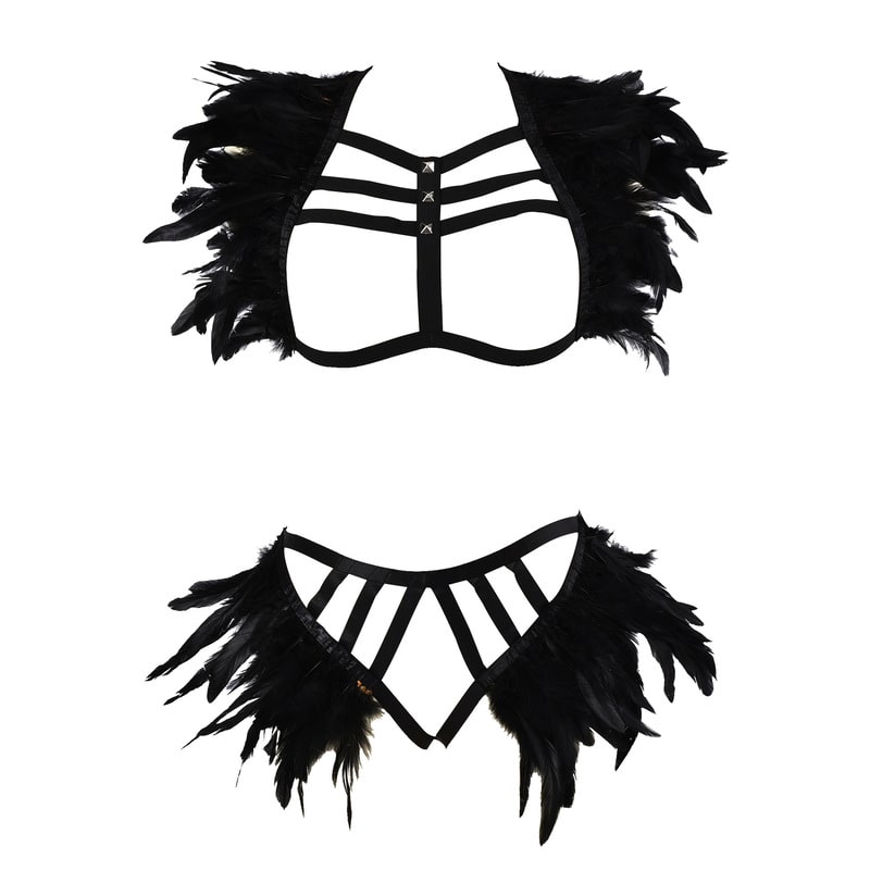 Ladies Feather Wholesale Black Strappy Lingerie Set