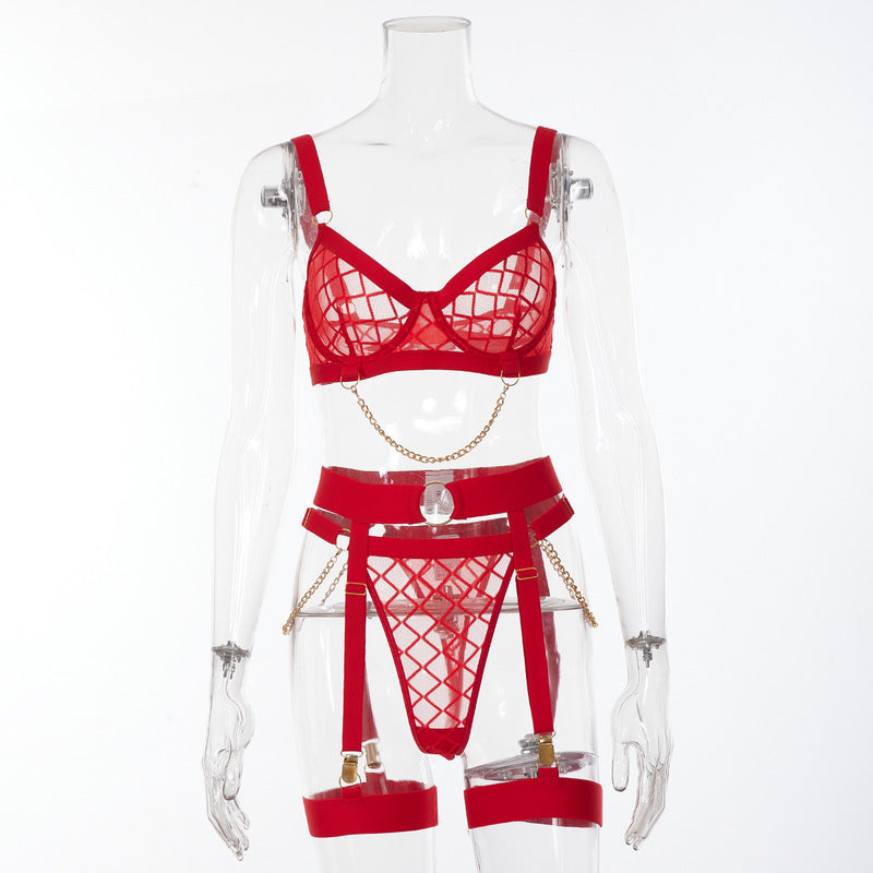 Red See Through Chain Sexy Lingerie Set-Front Show