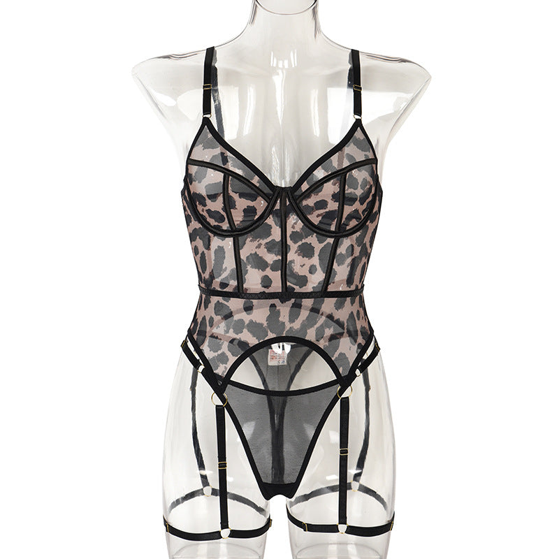 Sheer Mesh Leopard Print Sexy Bustier Set Front View