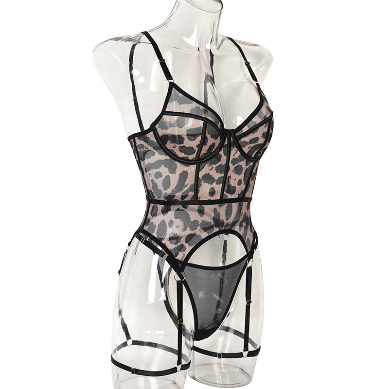 Sheer Mesh Leopard Print Sexy Bustier Set Side View