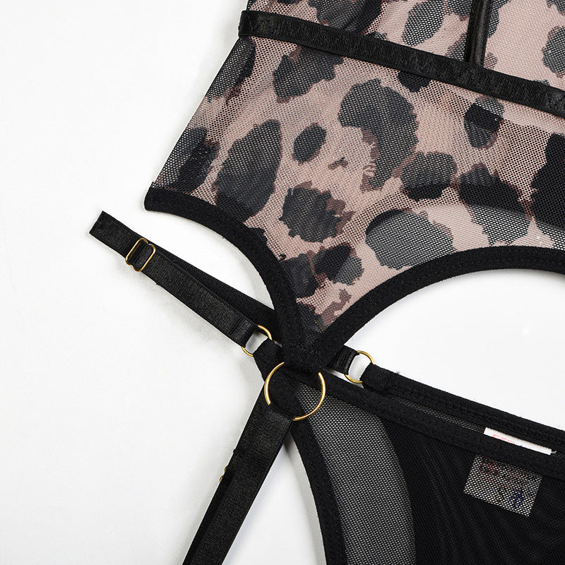 Sheer Mesh Leopard Print Sexy Bustier Set Waist Details