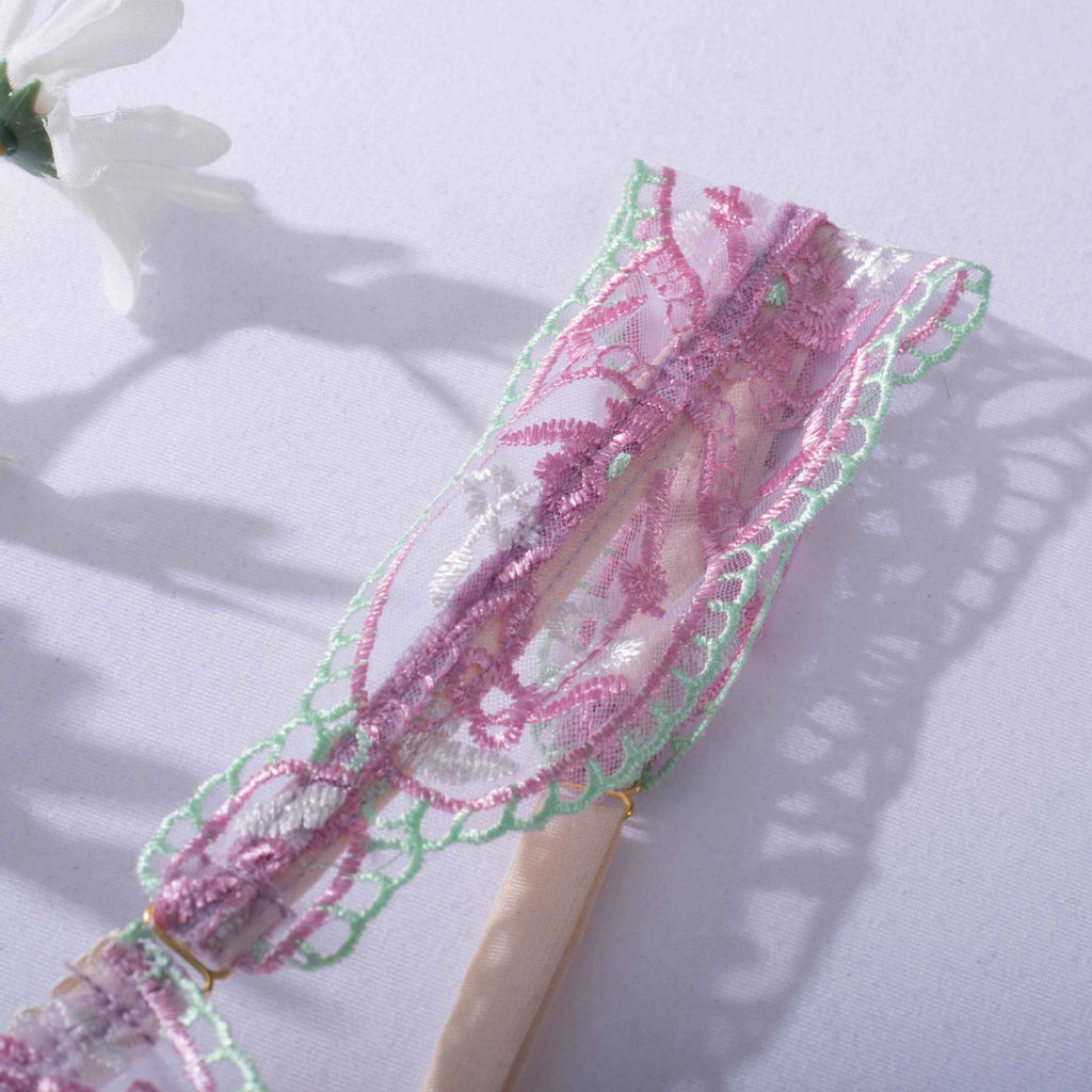 Sheer Mesh Sexy Lingerie Bra Set with Embroidered Flowers Strapy Details